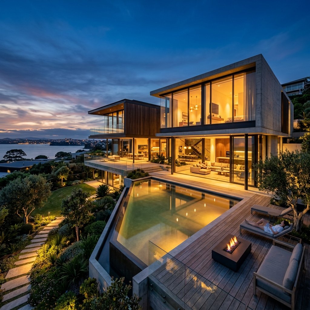 Contemporary home surrounded by greenery