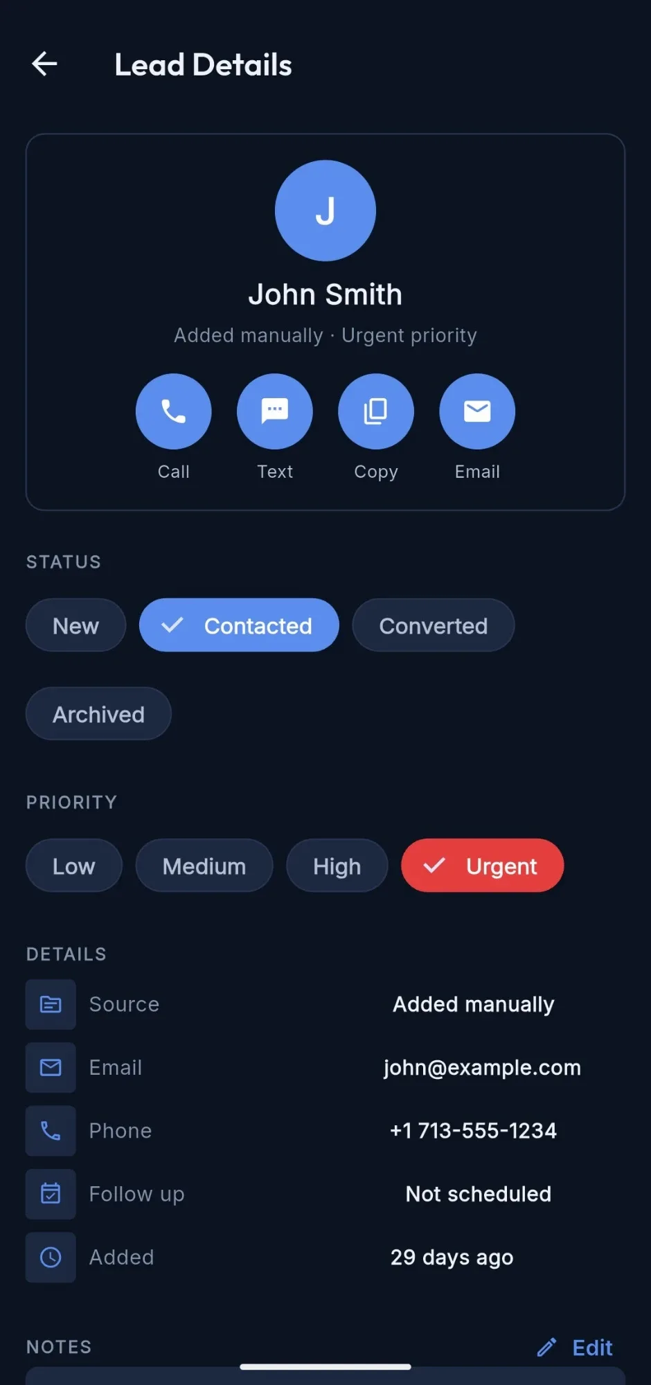 iProply mobile app for real estate agents — Lead Details screen